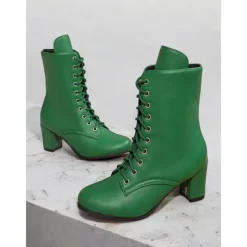 Women's Black Faux Leather Lace-Up Victorian Boots with Mid-Heel, Elegant and Timeless Design for Formal and Vintage-Inspired Occasions