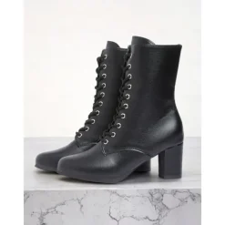 Women's Black Faux Leather Lace-Up Victorian Boots with Mid-Heel, Elegant and Timeless Design for Formal and Vintage-Inspired Occasions