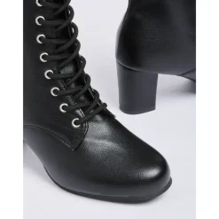 Women's Black Faux Leather Lace-Up Victorian Boots with Mid-Heel, Elegant and Timeless Design for Formal and Vintage-Inspired Occasions