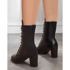 Women's Black Faux Leather Lace-Up Victorian Boots with Mid-Heel, Elegant and Timeless Design for Formal and Vintage-Inspired Occasions