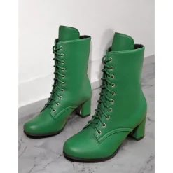 Women's Black Faux Leather Lace-Up Victorian Boots with Mid-Heel, Elegant and Timeless Design for Formal and Vintage-Inspired Occasions