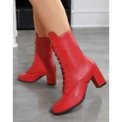 Women's Black Faux Leather Lace-Up Victorian Boots with Mid-Heel, Elegant and Timeless Design for Formal and Vintage-Inspired Occasions