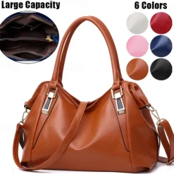 Women's Black Faux Leather Handbag with Top Handles and Shoulder Strap, Elegant Large-Capacity Tote Bag for Work, Travel, and Daily Office Use