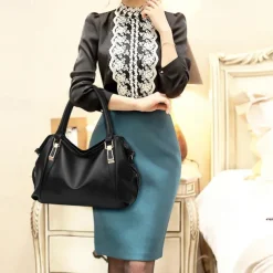 Women's Black Faux Leather Handbag with Top Handles and Shoulder Strap, Elegant Large-Capacity Tote Bag for Work, Travel, and Daily Office Use