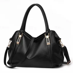 Women's Black Faux Leather Handbag with Top Handles and Shoulder Strap, Elegant Large-Capacity Tote Bag for Work, Travel, and Daily Office Use