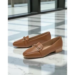 Women's Black Faux Leather Loafers – Square Toe Slip-On Flats with Metal Bow Accent, Classic Office and Daily Wear Shoes for Ladies