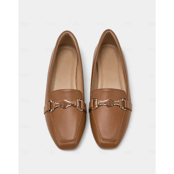 Women's Black Faux Leather Loafers – Square Toe Slip-On Flats with Metal Bow Accent, Classic Office and Daily Wear Shoes for Ladies