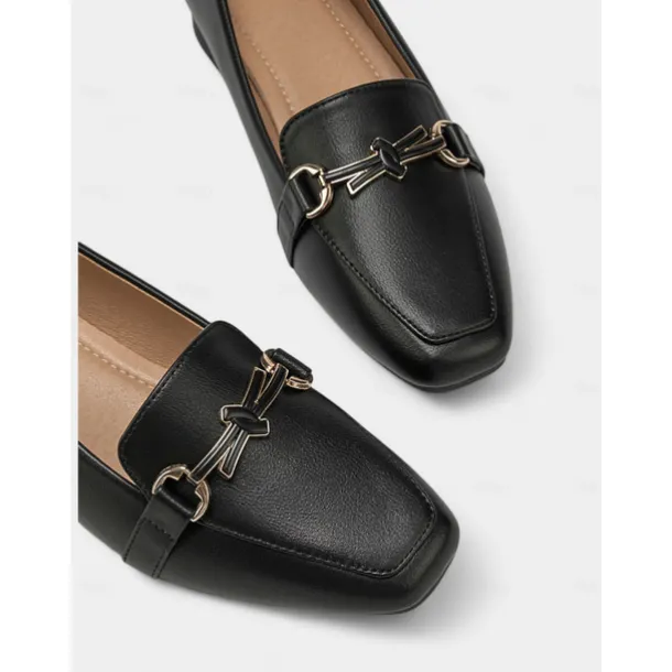 Women's Black Faux Leather Loafers – Square Toe Slip-On Flats with Metal Bow Accent, Classic Office and Daily Wear Shoes for Ladies