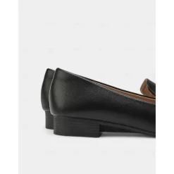 Women's Black Faux Leather Loafers – Square Toe Slip-On Flats with Metal Bow Accent, Classic Office and Daily Wear Shoes for Ladies