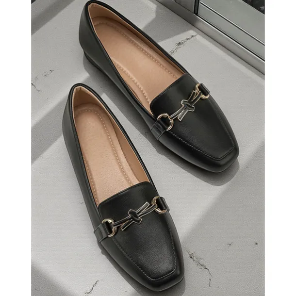 Women's Black Faux Leather Loafers – Square Toe Slip-On Flats with Metal Bow Accent, Classic Office and Daily Wear Shoes for Ladies