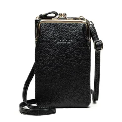 Women's Black Faux Leather Crossbody Bag with Gold Frame Clasp - Compact and Stylish Women's Phone Purse for Everyday Use