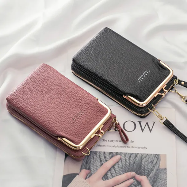 Women's Black Faux Leather Crossbody Bag with Gold Frame Clasp - Compact and Stylish Women's Phone Purse for Everyday Use