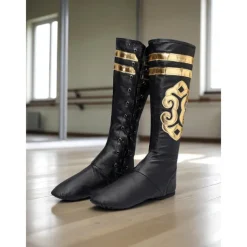 Women's Black Faux Leather Lace-Up Dance Boots - Gold Embellished Split Sole Professional Performance Shoes for Female Dancers and Stage Rehearsals