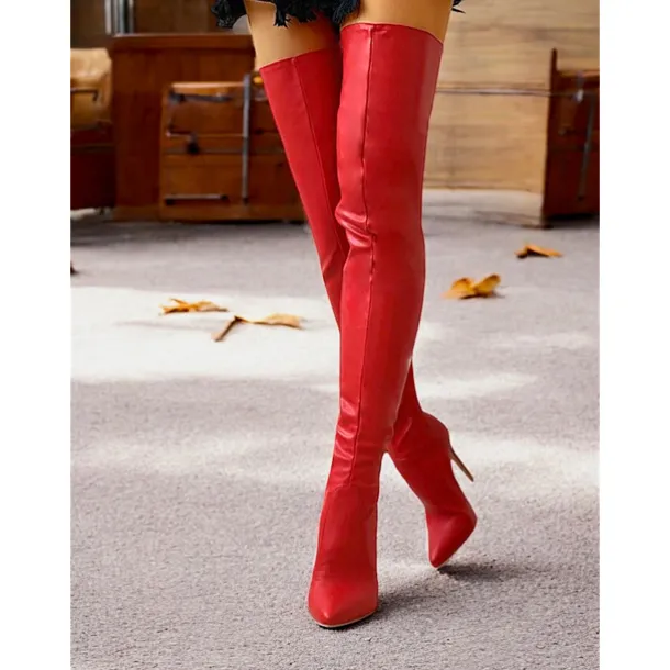 Women's Black Faux Leather Thigh-High Stiletto Boots – Sleek and Sexy Over-the-Knee Design for Clubwear and Evening Glam