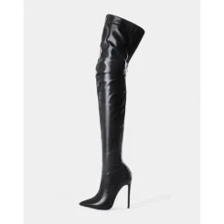 Women's Black Faux Leather Thigh-High Stiletto Boots – Sleek and Sexy Over-the-Knee Design for Clubwear and Evening Glam