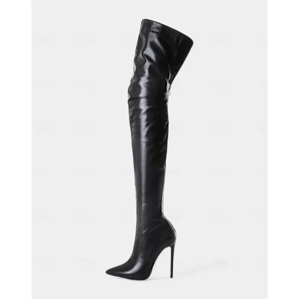 Women's Black Faux Leather Thigh-High Stiletto Boots – Sleek and Sexy Over-the-Knee Design for Clubwear and Evening Glam