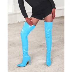 Women's Black Faux Leather Thigh-High Stiletto Boots – Sleek and Sexy Over-the-Knee Design for Clubwear and Evening Glam