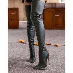 Women's Black Faux Leather Thigh-High Stiletto Boots – Sleek and Sexy Over-the-Knee Design for Clubwear and Evening Glam