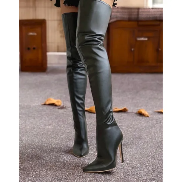 Women's Black Faux Leather Thigh-High Stiletto Boots – Sleek and Sexy Over-the-Knee Design for Clubwear and Evening Glam