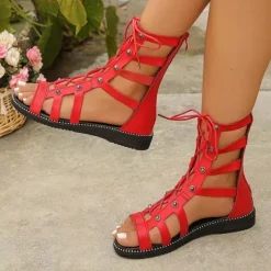 Women's Black Gladiator Sandals with Lace-Up & Cut-Out Design - Stylish Flat Sandals for Summer, Festivals & Beach Wear