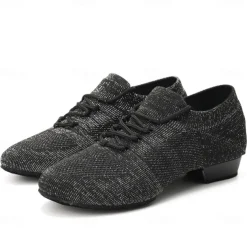 Women's Black Glitter Knit Jazz Dance Shoes with Lace-Up Design and Suede Sole - Lightweight Breathable Performance Shoes for Ballroom and Latin Dancing