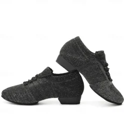 Women's Black Glitter Knit Jazz Dance Shoes with Lace-Up Design and Suede Sole - Lightweight Breathable Performance Shoes for Ballroom and Latin Dancing