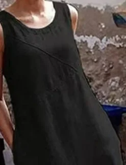 Women's Black Gray Summer Spring Maxi Dress Cotton Linen Dresses Casual Dress Cotton Summer Dress Stylish Basic Modern Outdoor Vacation Holiday Loose Fit Pure Color Crew Neck