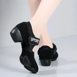 Women's Black Jazz Dance Shoes – Breathable Mesh Split Sole Sneakers with Adjustable Strap – Professional Dance Footwear for Ballroom, Latin, and Fitness Training