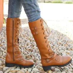 Women's Black Knee High Lace-Up Combat Boots with Chunky Heel, Military Gothic Punk Style Fashion Boots for Autumn Winter