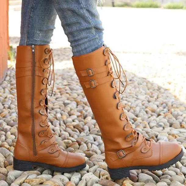 Women's Black Knee High Lace-Up Combat Boots with Chunky Heel, Military Gothic Punk Style Fashion Boots for Autumn Winter