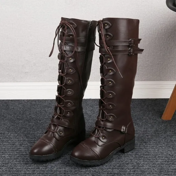 Women's Black Knee High Lace-Up Combat Boots with Chunky Heel, Military Gothic Punk Style Fashion Boots for Autumn Winter