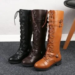 Women's Black Knee High Lace-Up Combat Boots with Chunky Heel, Military Gothic Punk Style Fashion Boots for Autumn Winter