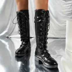Women's Black Knee High Lace-Up Combat Boots with Chunky Heel, Military Gothic Punk Style Fashion Boots for Autumn Winter