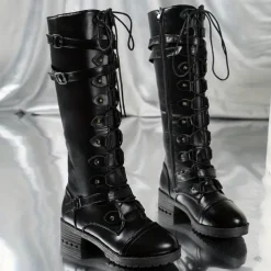 Women's Black Knee High Lace-Up Combat Boots with Chunky Heel, Military Gothic Punk Style Fashion Boots for Autumn Winter