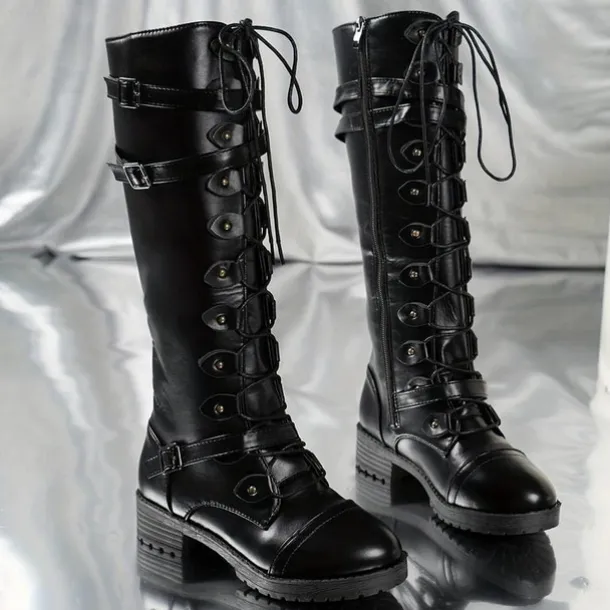 Women's Black Knee High Lace-Up Combat Boots with Chunky Heel, Military Gothic Punk Style Fashion Boots for Autumn Winter