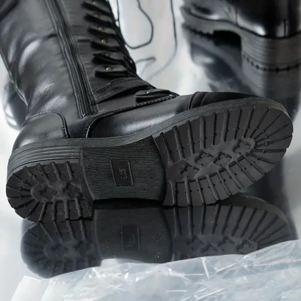 Women's Black Knee High Lace-Up Combat Boots with Chunky Heel, Military Gothic Punk Style Fashion Boots for Autumn Winter