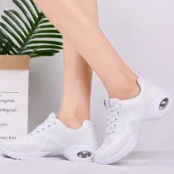 Women's Black Knit Dance Sneakers – Breathable Mesh Lace-Up Jazz Shoes with Air Cushion Sole for Fitness, Hip-Hop & Latin Dance