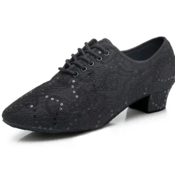 Women's Black Lace Dance Shoes with Mid Heel - Elegant Sequin Latin and Ballroom Shoes for Performance