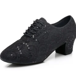 Women's Black Lace Dance Shoes with Mid Heel - Elegant Sequin Latin and Ballroom Shoes for Performance