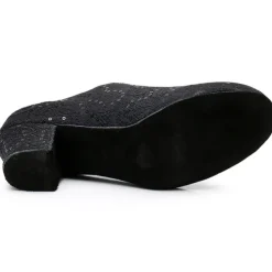 Women's Black Lace Dance Shoes with Mid Heel - Elegant Sequin Latin and Ballroom Shoes for Performance