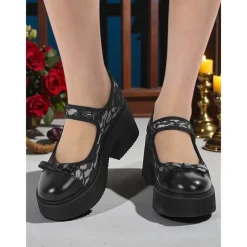 Women's Black Lace Platform Mary Jane Shoes - Gothic Chunky Heel Round Toe Dress Shoes with Bow Detail, Perfect for Halloween, Cosplay, and Evening Parties