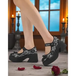 Women's Black Lace Platform Mary Jane Shoes - Gothic Chunky Heel Round Toe Dress Shoes with Bow Detail, Perfect for Halloween, Cosplay, and Evening Parties