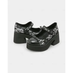 Women's Black Lace Platform Mary Jane Shoes - Gothic Chunky Heel Round Toe Dress Shoes with Bow Detail, Perfect for Halloween, Cosplay, and Evening Parties