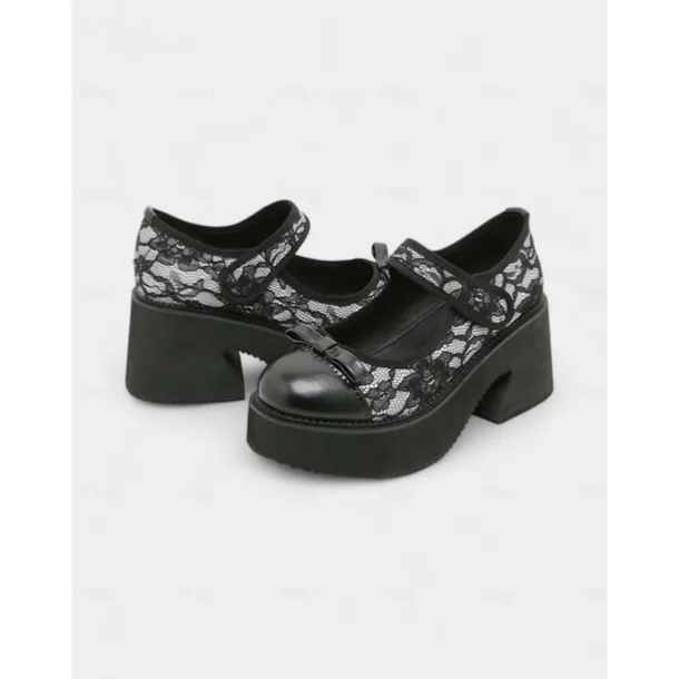 Women's Black Lace Platform Mary Jane Shoes - Gothic Chunky Heel Round Toe Dress Shoes with Bow Detail, Perfect for Halloween, Cosplay, and Evening Parties