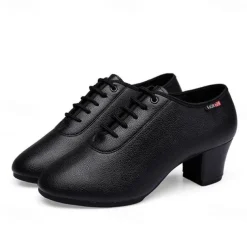 Women's Black Lace-Up Dance Shoes – PU Leather Latin Ballroom Practice Shoes with Low Heel, Comfortable & Durable for Professional Performance & Training