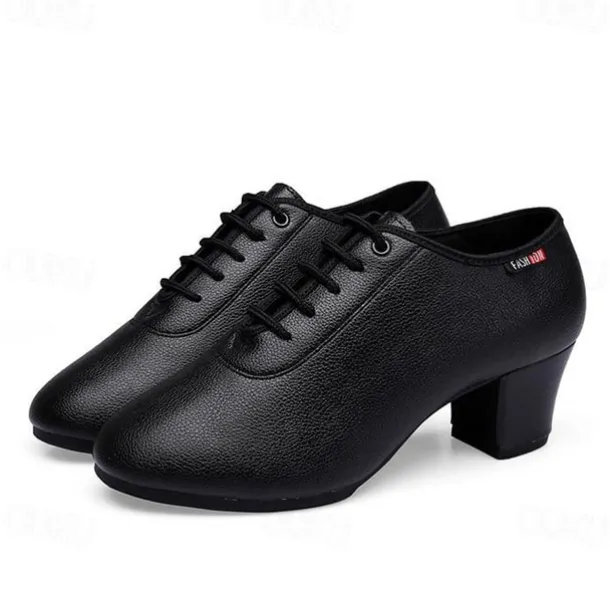 Women's Black Lace-Up Dance Shoes – PU Leather Latin Ballroom Practice Shoes with Low Heel, Comfortable & Durable for Professional Performance & Training