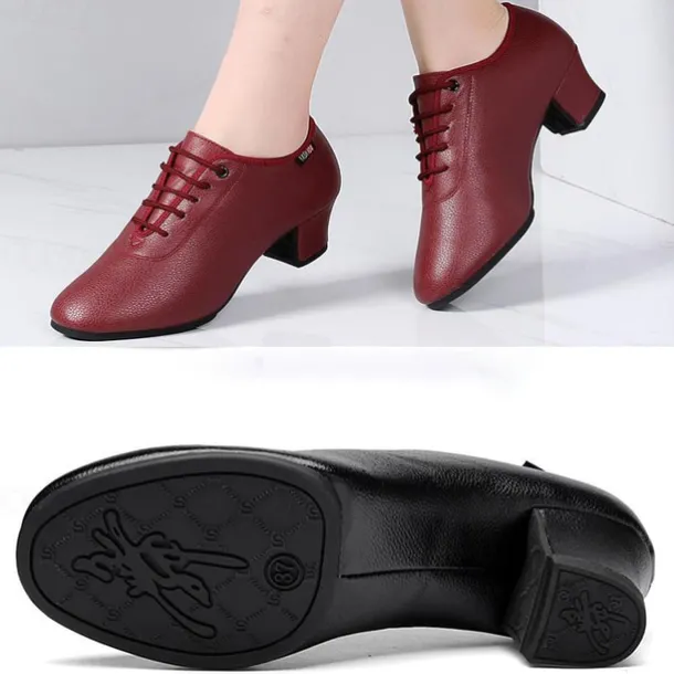 Women's Black Lace-Up Dance Shoes – PU Leather Latin Ballroom Practice Shoes with Low Heel, Comfortable & Durable for Professional Performance & Training