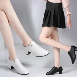 Women's Black Lace-Up Dance Shoes – PU Leather Latin Ballroom Practice Shoes with Low Heel, Comfortable & Durable for Professional Performance & Training