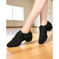 Women's Black Lace-Up Dance Sneakers - Breathable Lightweight Jazz and Fitness Practice Shoes for Latin and Ballroom Training