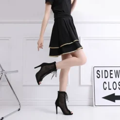 Women's Black Lace-Up Mesh Dance Boots - Open-Toe Stiletto Heels for Ballroom, Salsa, and Evening Wear